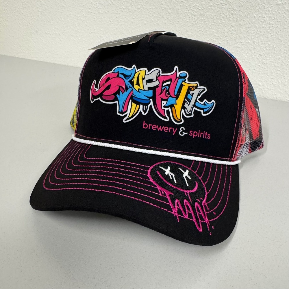 King‎ Cap Graffiti Brewery Trucker Hat Mens OSFA Black Multi NEW Snapback Mesh